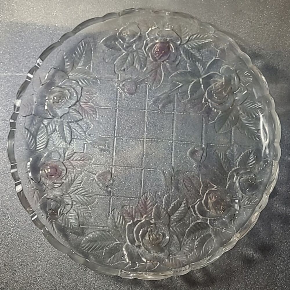 Home Beautiful Crystal Platter with Embossed Pink Roses And Leaves 14” Diameter